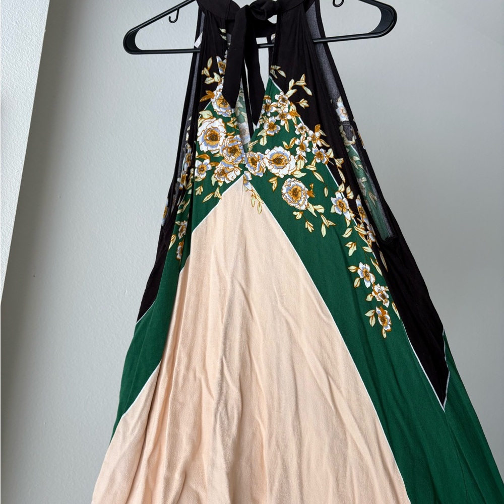 Free People Green, Cream and Black Floral V-Neck Maxi Dress - Picture 2 of 3